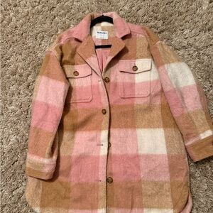 Old Navy Pink and Tan Plaid Pea Coat